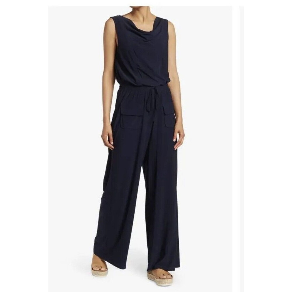 VINCE CAMUTO Sleeveless Cowl Neck Jumpsuit in Navy Small Pockets Wide Palazzo